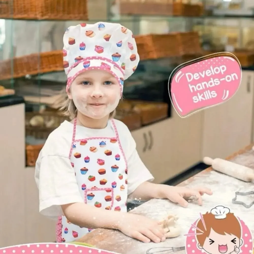 Kid Chef Cooking Set Cupcake Print Apron Hat‎ Mitt Utensil Pretend Play Kitchen